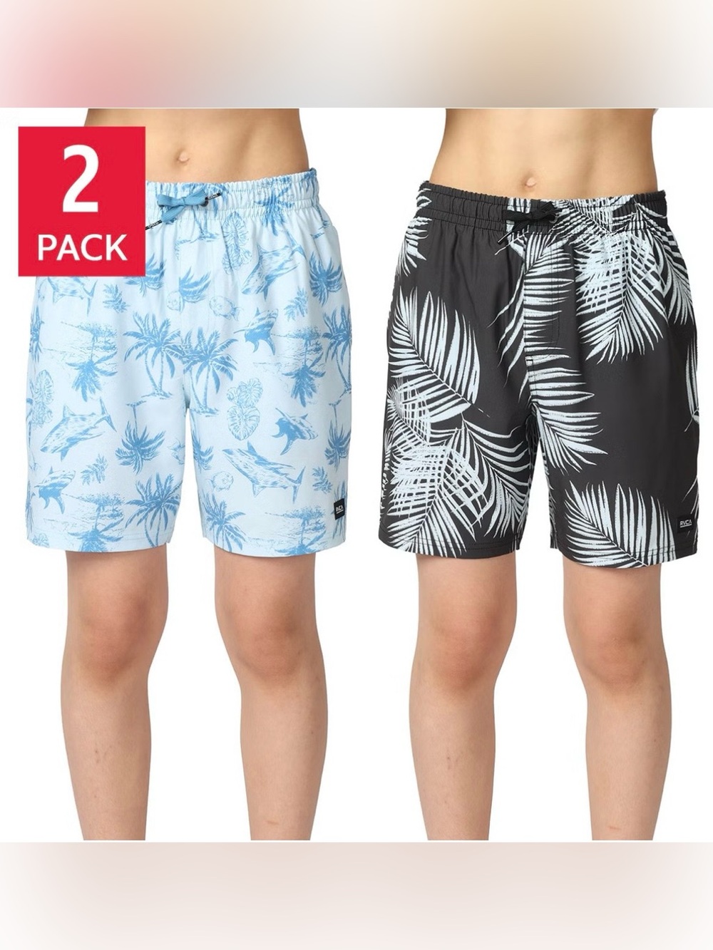 NEW RVCA Boys 2-Pack Swim Trunks - Light Blue & Black Tropical Prints 14/16